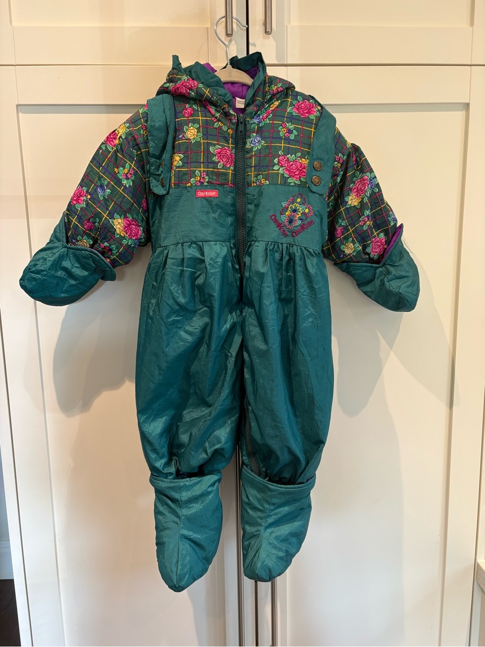 Super Rare HTF Vintage 80s OshKosh One piece Teal Floral Plaid Snowsuit